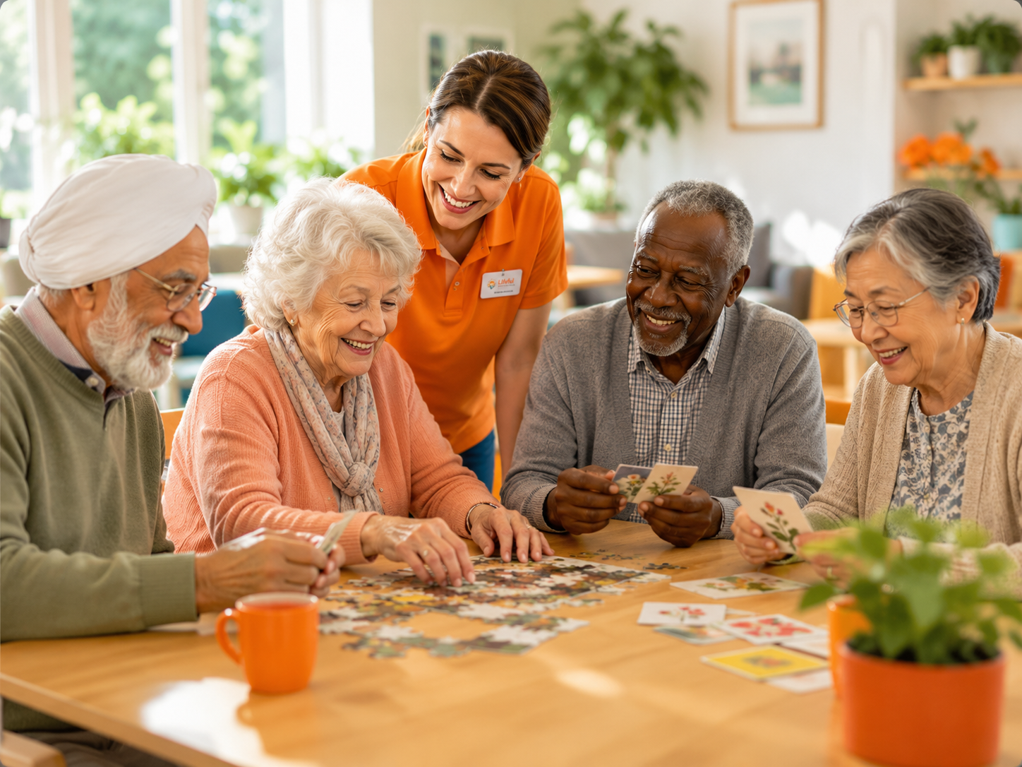 Diverse older adults taking part in puzzle time and cognitive stimulation