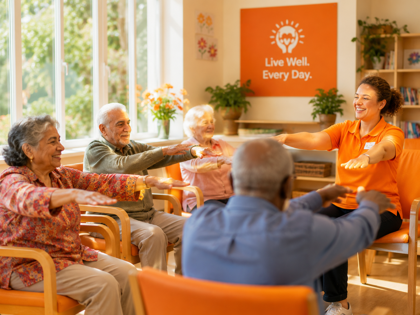 Diverse group of older adults taking part in a live well seated exercise class