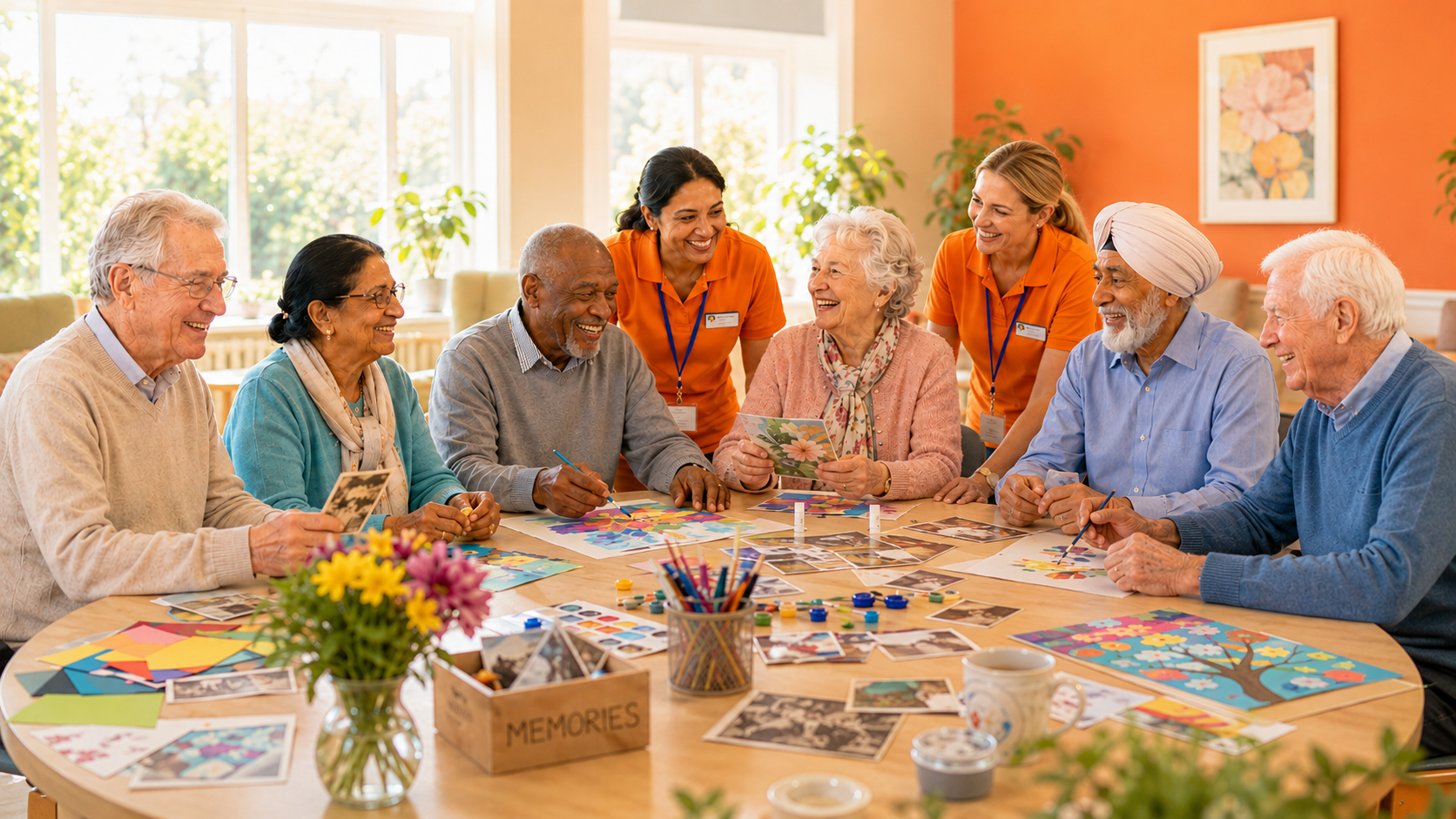Diverse older adults and two carers in orange uniform enjoying a cheerful creative memory activity at Lifeful Dementia Day Care