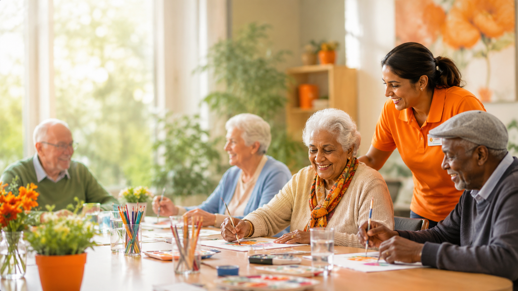 Diverse older adults enjoying arts, conversation and laughter with a supportive caregiver